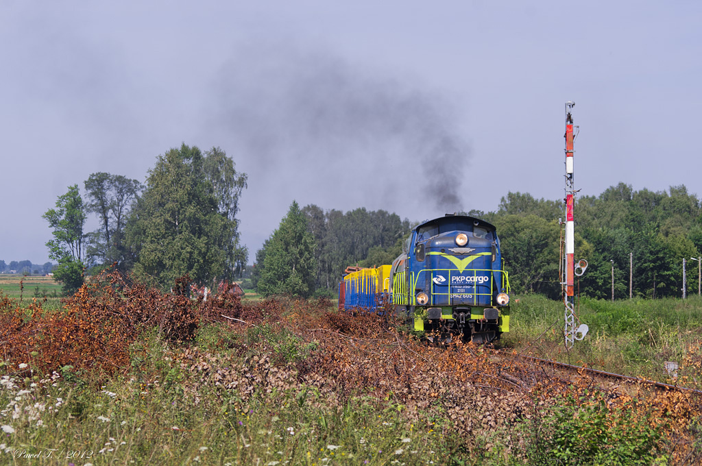 Rok 2012. SM42-605 z pociągiem relacji Ostrołęka - Ostrów Mazowiecka opuszcza Gucin.