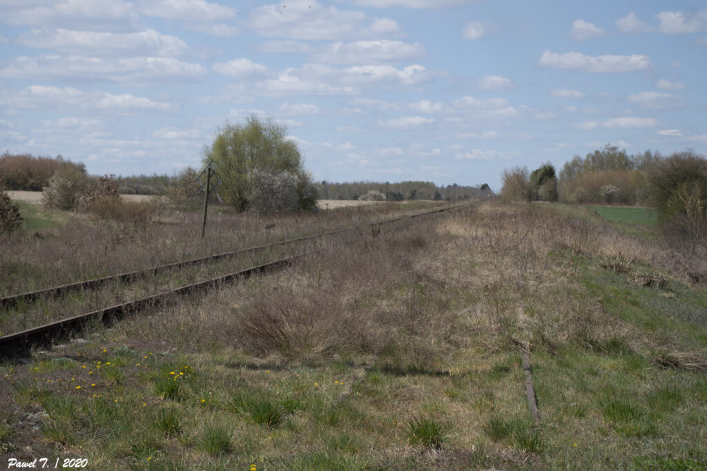 20.04.2020. Po lewej tor linii nr 34 w kierunku Ostrołęki, po prawej szczątki bocznicy do stacji paliw.