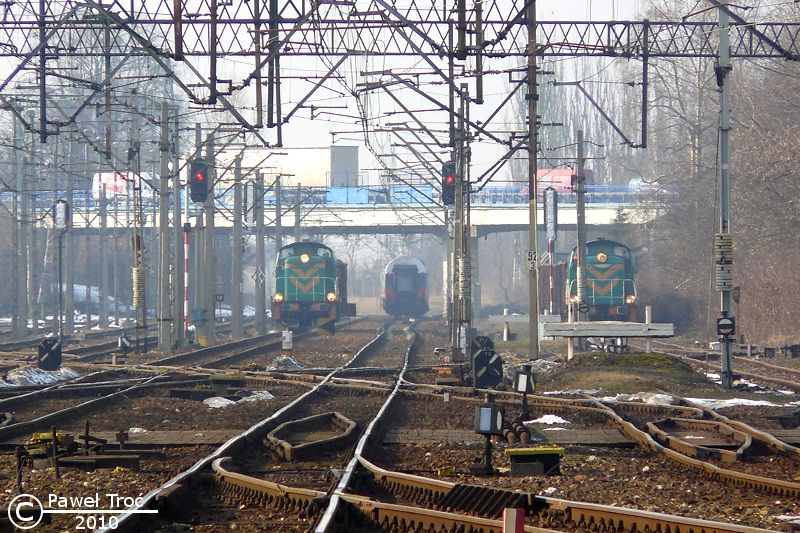 Rok 2010. Równoległy wjazd pociągów zdawczych z Mrozów (po lewej) oraz Sokołowa Podlaskiego (po prawej). Środkiem stację opuszcza międzynarodowy pociąg pospieszny Ost-West relacji Moskwa - Berlin.