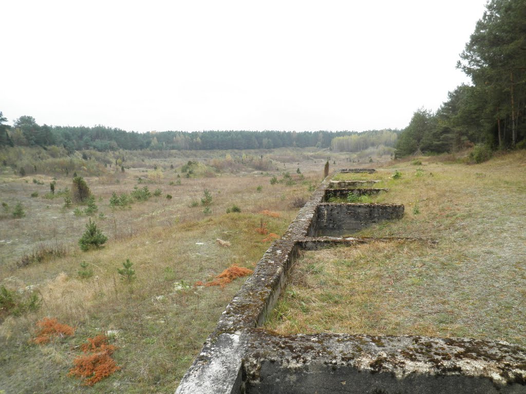 Pozostałość po rampie kolejowej oraz żwirowni. Miejsce, w którym ulokowany był obóz pracy Treblinka I. Autor fotografii nieznany 