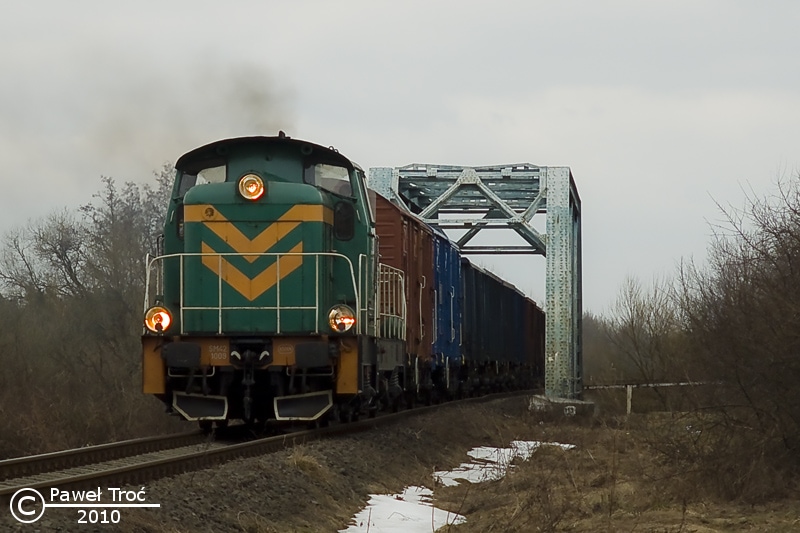 Rok 2010. SM42-1009 z pociągiem zdawczym do Sokołowa Podlaskiego przejeżdża przez most nad rzeką Liwiec.