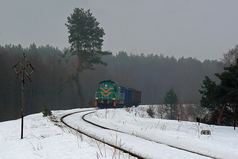Rok 2010, Małkinia. Pociąg zdawczy do Ostrołęki pokonuje podjazd na wiadukt nad linią kolejową do Białęgostoku.