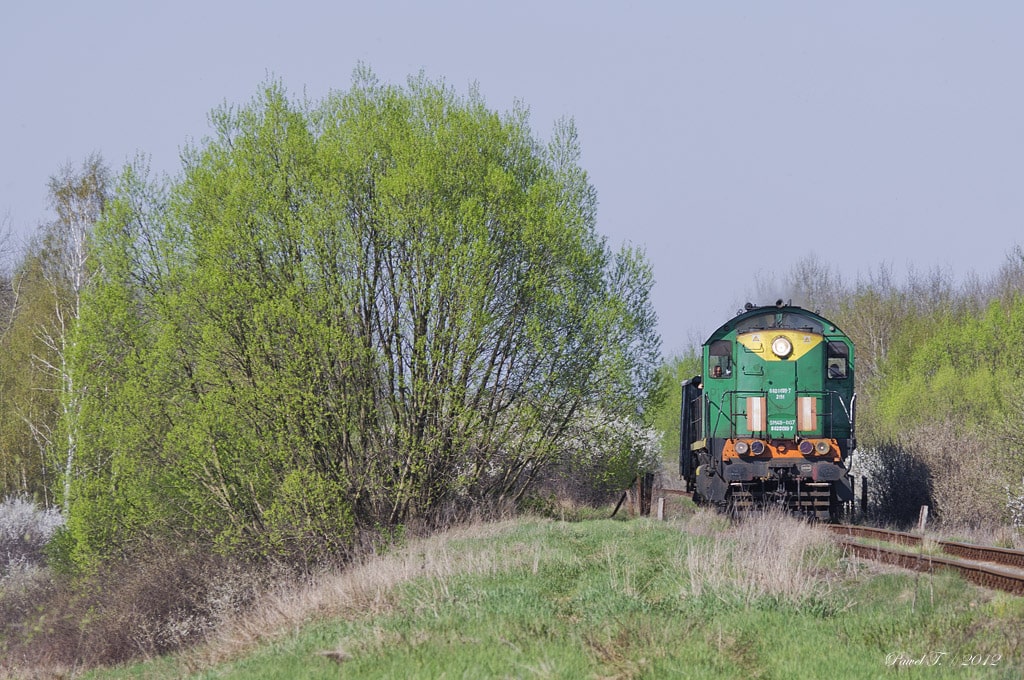 Rok 2012. Pociąg zdawczy prowadzony lokomotywą SM48-007 przejeżdża mostem nad rzeką Helenka.