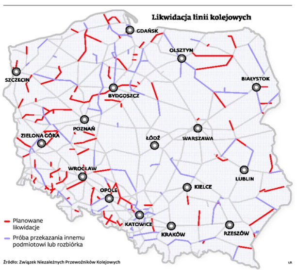 Mapa linii kolejowych przeznaczonych do zamknięcia lub likwidacji w ramach restrukturyzacji spółki PKP PLK w 2012r. www.forsal.pl
