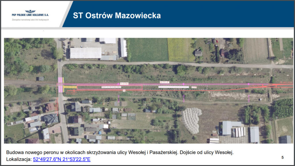 Plan rewitalizacji stacji Ostrów Mazowiecka zakładający budowę nowych torów oraz peronu.